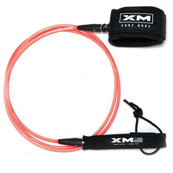 XM SURF MORE Premium Surfboard Leash, 6ft, Made in USA, Comp Cord Thickness (0.220in), Key Pocket, Unbreakable Swivels, Detachable Railsaver, Coral Leash, Black Strap, Kink-Free [3 Year Warranty]