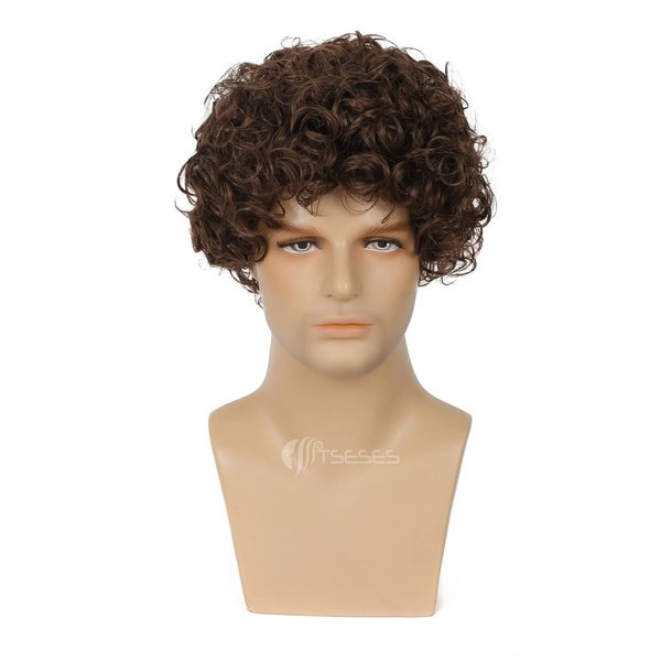 Tseses Brown Curly Short Afro Wig for Male Guy California Mens Cosplay Costume Daily Hair Synthetic Heat Resistant Mens Full Wigs
