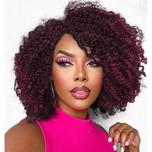 Fancy Hair Short Kinky Curly Wigs Ombre Burgundy Side Part Afro Wigs for Black Women Synthetic Yanky Twist Out Wig Natural Hairstyle for Daily Use (99J)