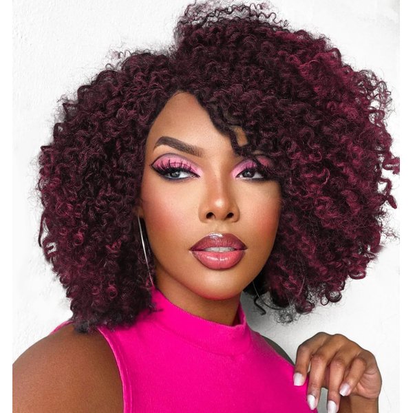 Fancy Hair Short Kinky Curly Wigs Ombre Burgundy Side Part Afro Wigs for Black Women Synthetic Yanky Twist Out Wig Natural Hairstyle for Daily Use (99J)
