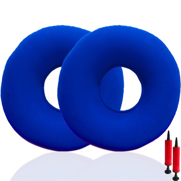 2 Pack Donut Pillow for Tailbone Pain, Inflatable Donut Cushion Seat with A Pump, Hemorrhoid Seat Cushion, Round Wheelchairs Seat Cushion for Home, Car or Office Chair (15" Blue)