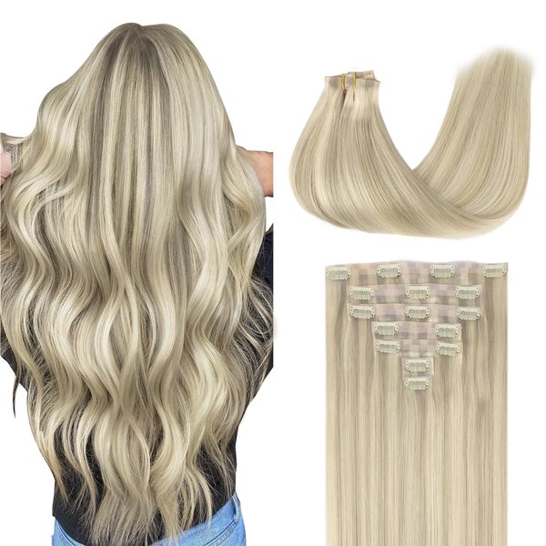GOO GOO Clip in Hair Extensions Real Human Hair, 14inch 110g 7Pcs, 17A/60A Ash Blonde Highlighted Platinum Blonde, Remy Human Hair Extensions Clip ins for Women, Natural Human Hair