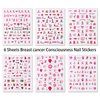 6 Sheets Breast Cancer Nail Stickers Pink Ribbon 3D Self-Adhesive Nail Decals Breast Cancer Awareness Pink Ribbon Nail Stickers Pink Heart Ribbon Nail Decals for Women Girls DIY Manicure Decoration