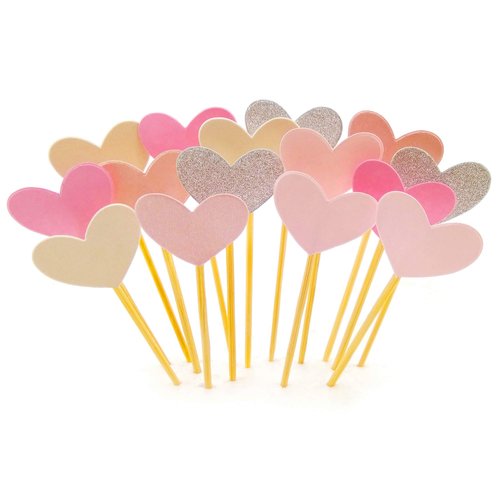 Cupcake Toppers 30Pcs Set, GUGUJI Funny Pink Heart DIY Glitter Mini Birthday Cake Snack Decorations Picks Suppliers Party Accessories for Wedding and Baby Shower