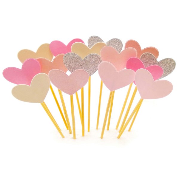 Cupcake Toppers 30Pcs Set, GUGUJI Funny Pink Heart DIY Glitter Mini Birthday Cake Snack Decorations Picks Suppliers Party Accessories for Wedding and Baby Shower