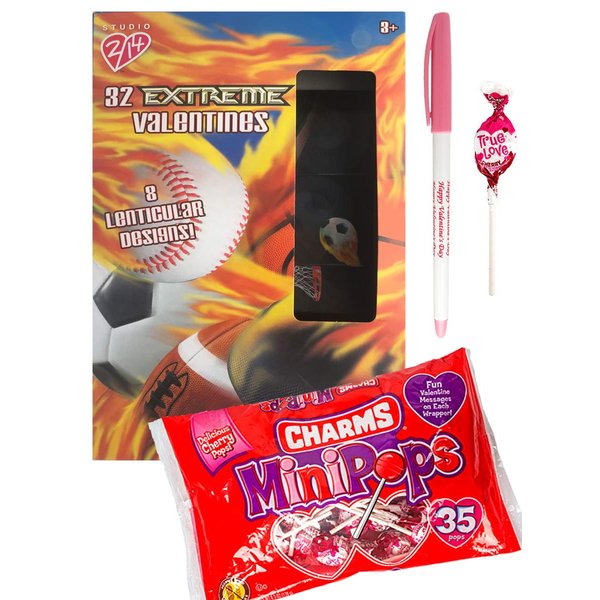 Extreme Sports 32 Lenticular Valentines Cards with Charms Lollipops MiniPops and Valentine's Day Pen Classroom Exchange Bundle For Kids