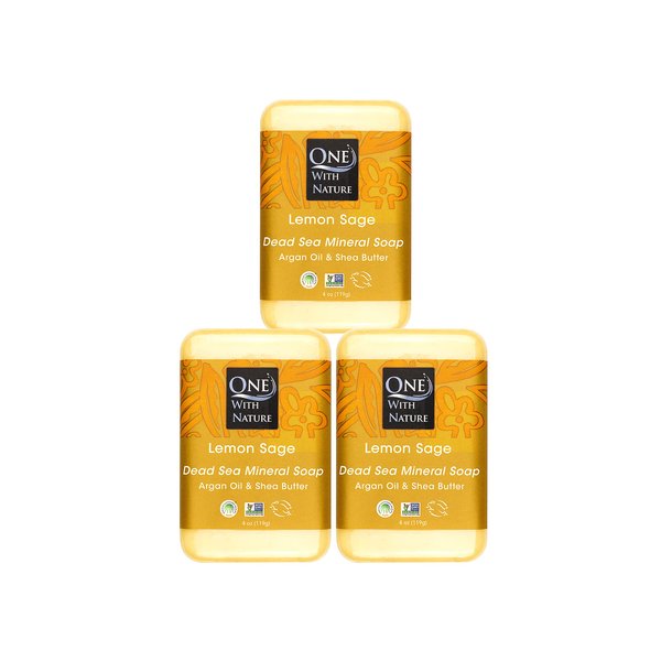 One With Nature Dead Sea Mineral Lemon Sage Bath and Body Soap Bars - 4 Oz 3 Pack Lemon Soap Bar with Dead Sea Salt, Shea Butter, Argan Oil and Over 20 Essential Minerals - Ideal for All Skin Types