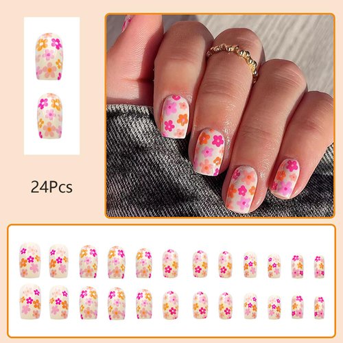 24 Pcs Colorful Floral Press on Nails Short Square Fake Nails with Glue Natural & Fit False Nails with Flower Design Acrylic Glue on Nails Glossy Reusable Stick on Nails for Women DIY Charm Manicure