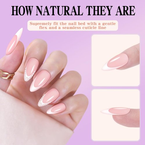 24Pcs Almond Shaped Press On Nails，Almond Press On Nails，Almond Nails Press On，White French Tip Almond Nails Medium Fake Nails with Pearl Design Artificial Nails Stick on Nails For Women