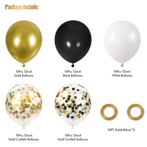 CANREVEL 50pcs 12 Inches Black Gold Confetti Balloons Kit, Metallic Gold and Black White Party Balloons with Ribbons for Birthday, Baby Shower, Graduation, New Year Decorations