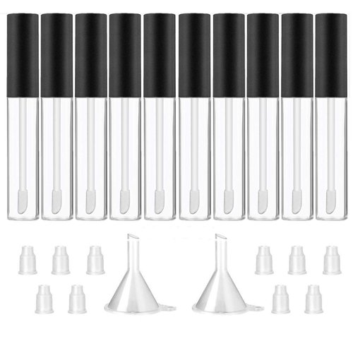 GTHER 10ML Lip Gloss Tubes Empty, Empty Lip Gloss Containers, Clear Refillable Lip Balm Bottles with Rubber Inserts and Funnel for Lip Samples Set of 10 (Matte Black + Transparent)