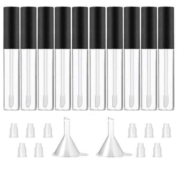 GTHER 10ML Lip Gloss Tubes Empty, Empty Lip Gloss Containers, Clear Refillable Lip Balm Bottles with Rubber Inserts and Funnel for Lip Samples Set of 10 (Matte Black + Transparent)