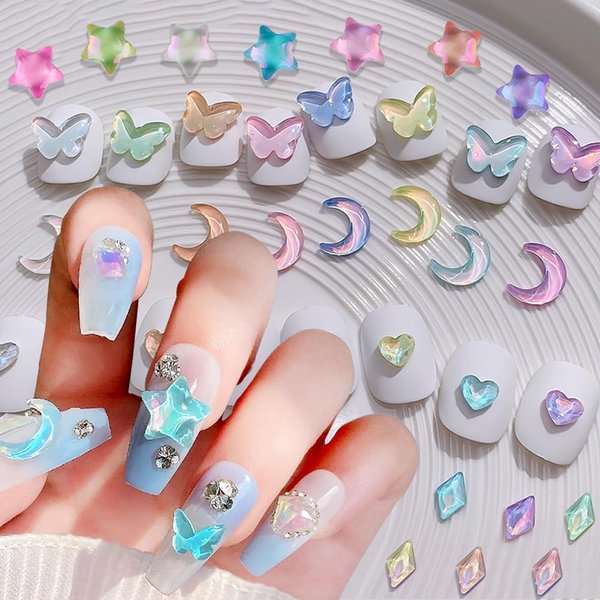 30pcs Mocha Nail Rhinestones Aurora Nail Gems Nail Crystals 3D Heart Rhombic Moon Star Butterfly Nail Charms for Acrylic Nails Flatback Rhinestones for Nails Crystal Diamonds Rhinestone Manicure Decor