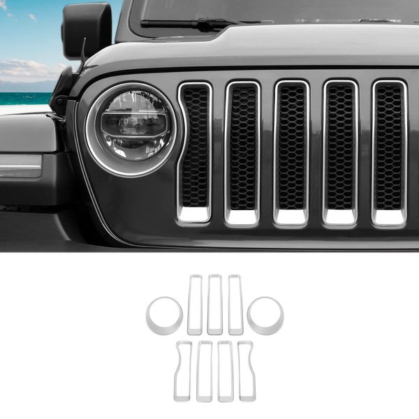 SQQP Mesh Grille Grill Insert+Headlight Turn Light Cover Trim Compatible with 2018-2023 Jeep Wrangler JL JLU (Silver)