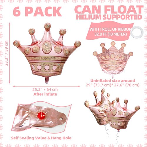 Shiny Pink Crown Balloons Cap Balloon Royal Prince Princess Party Decoration, 6 Pack Rose Gold Crown Shaped Foil Balloons Kids Party King Party Queen Theme Party Supplies Birthday Decoration