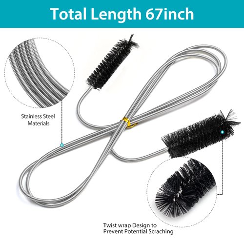 RayTour Extra-Thick Drain Brush with Stronger Spring - 67-Inch Flexible Pipe Cleaning Tool - Dual Bristle Heads - Ideal for Curved Pipes and Slim Holes – Black