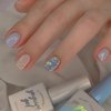 24 Pcs Grey-Blue Press on Nails Short Square - SHANRUN Fake Nails Press ons Spring Glossy Nail Tip Full Cover False Nails with Sequins Glitter Design Glue on Nails Kit Acrylic Nail Art DIY for Women