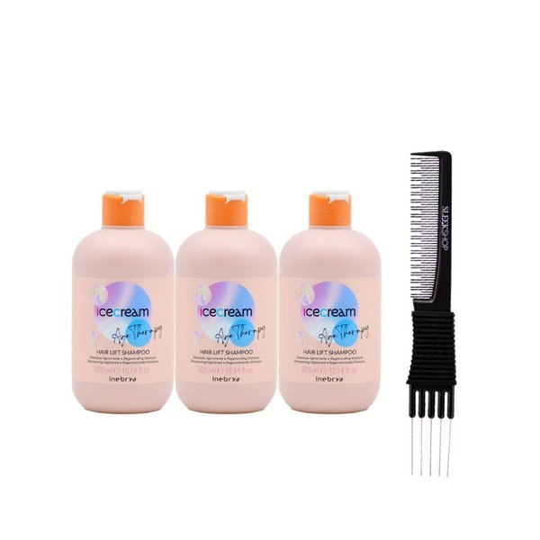 Inebrya Ice Cream Age-Therapy with Collagen Hair Lift Shampoo (10.14 oz) with Teasing Comb Pack of 3