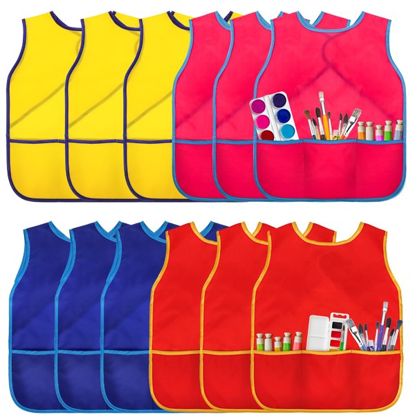 DEAYOU 12 Pack Kids Art Smock, Waterproof Children Artist Painting Apron with 3 Pockets, Sleeveless Paint Smock for Child Age 3-8 Years, Cooking, Baking, Craft, Classroom, Kitchen