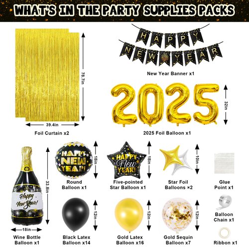 IDAODAN New Years Decorations 2025 Kit, New Years Eve Party Supplies 2025 with Happy New Year Banner, 2025 Balloons, Fringe Curtains, Champagne Balloon for New Year Eve Decorations