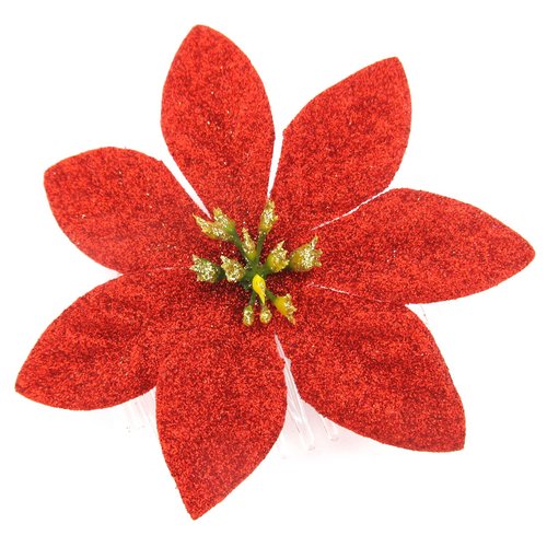 3 1/2" Poinsettia Red Glitter Poly Silk Flower Hair Comb
