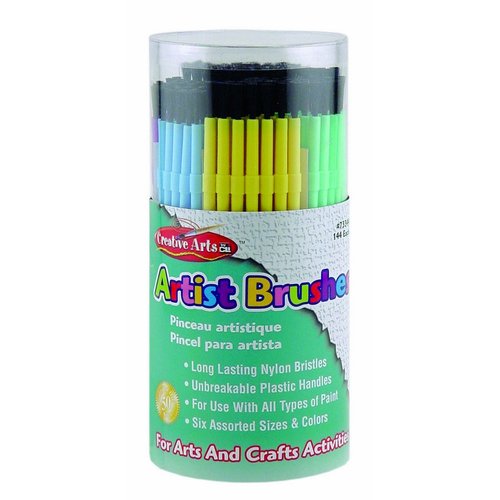 Charles Leonard Creative Arts Artist Paint Brushes, Plastic Handles with Nylon Bristles, 6 Assorted Sizes and Colors, 144-Pack Tub (73344)