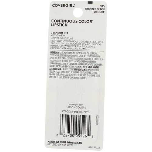 CoverGirl Continuous Color Lipstick, Bronzed Peach [015], 0.13