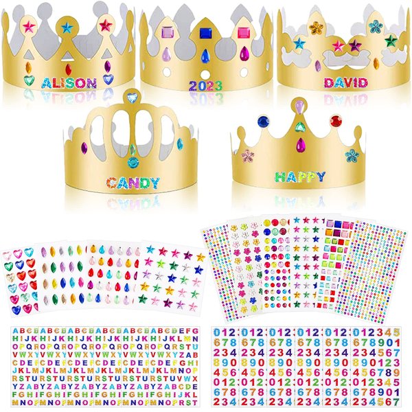 ZYNERY 47 PCS Paper Crown Golden Party Hats with Pieces Gem Stickers Jewels Stickers Rhinestone Numbers Crafts, Crown Party Making Kit and Crystal Stickers Self,DIY Crown Supplies for Kids Adults