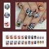 Orange Glitter Halloween Press on Nails Short Square Fake Nails Big Eyes Charms Mummy Colorful Sequins Nail Decals Nails Press ons Spider Web Bat Cat False Nails Glue on Nails Stick on Nails for Women