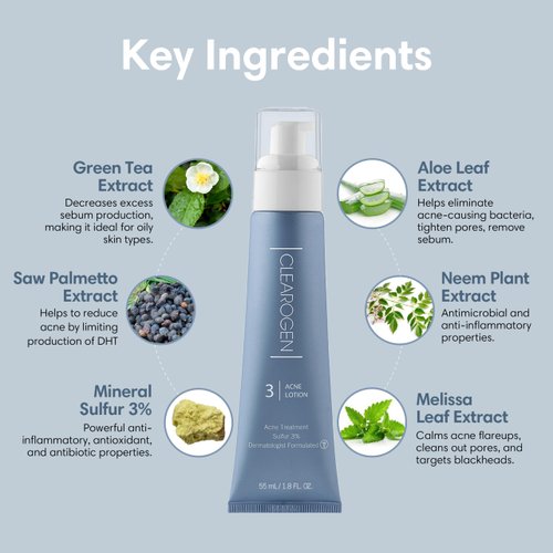 Clearogen Sensitive Skin Sulfur Acne Lotion, Acne Treatment, Sulfur Cream, Sulfur Ointment, Sulfur Spot Treatment, Sulfur Acne Treatment Cream 1.8 FL Oz