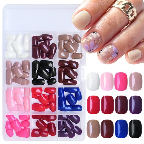 AddFavor Press on Nails Short Square Fake Nails, 288pcs Extra Short Press on Nail Colored Glossy Short Round Fake Nails Square Acrylic False Glue Nails Kit for Girls Kids Nail Art DIY