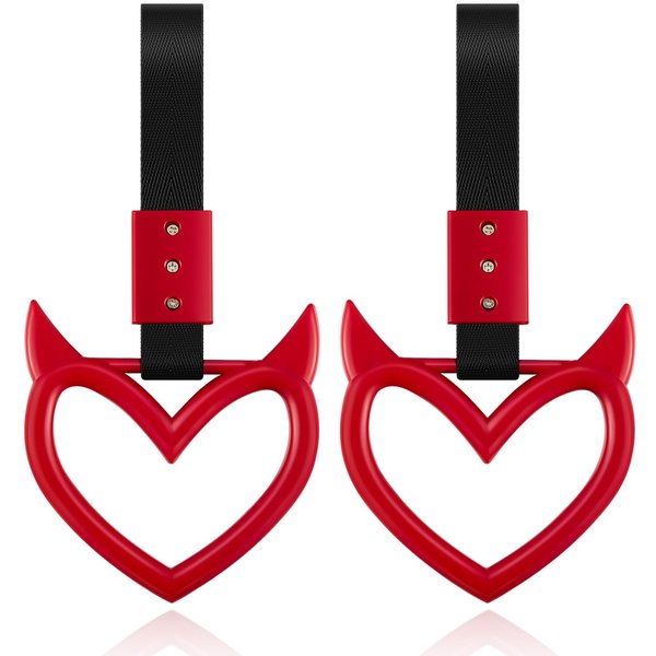 2 Pieces Devil Heart Handle Ring Bumper Warning Car Accessory Heart Hand Strap Drift Charm Rear Bumper Warning Ring Decor for Car Bus Subway Interior Exterior Decoration (Red)