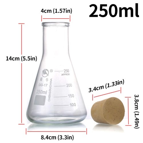 Young4us Glass Erlenmeyer Flask Set, (250 ml, 150 ml & 50 ml) Graduated Borosilicate Glass Erlenmeyer Flasks with Rubber Stoppers & Accurate Scales for Lab, Experiment, Chemistry, Science Studies etc