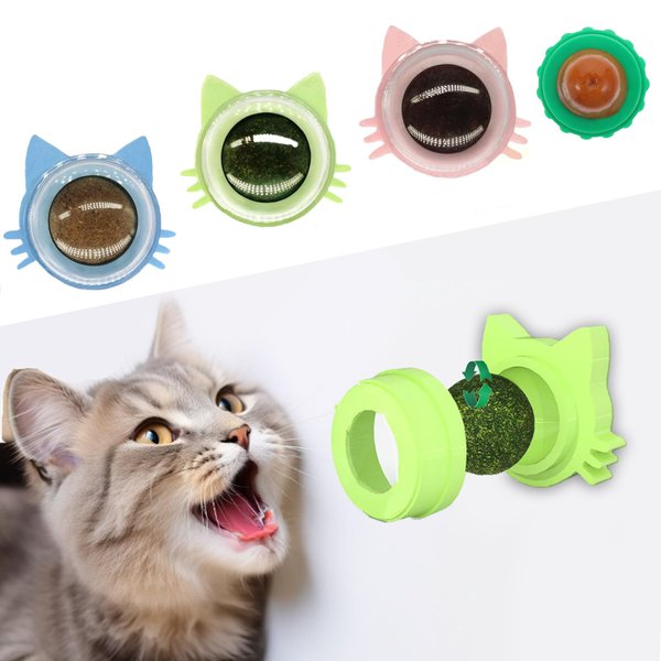 Grembeb 4PCS Cat Catnip Toys, Cat Toys 3 Flavors Silvervine Ball Wall,Cat Energy Ball Kitten Chew Cat Treat Wall for Cleaning Teeth,Catnip Ball Cat Wall,Kitty Dental Lickable Snack Cat Mint for Indoor