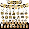 59 Pcs Happy Retirement Party Decorations, Happy Retirement Banner, Cake Topper , Cupcake Toppers, Honeycomb Centerpieces Swirls Party Supplies for Women Men (Gold/Black)