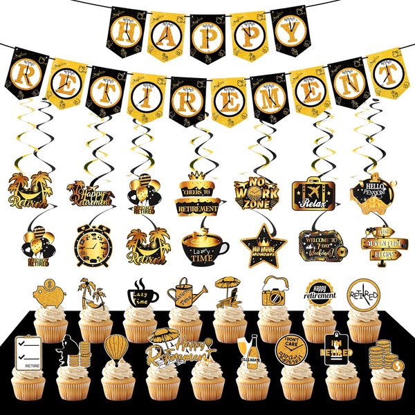 59 Pcs Happy Retirement Party Decorations, Happy Retirement Banner, Cake Topper , Cupcake Toppers, Honeycomb Centerpieces Swirls Party Supplies for Women Men (Gold/Black)