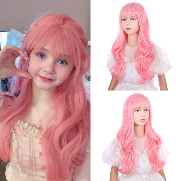 WAVELNM Kids Pink Wigs Child Long Curly Wavy Wigs Light Pink Wig for Girls Pink Wig with Bangs Synthetic Wig with Wig Cap