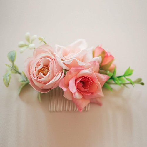 Fangsen Silvery Wedding Pink Rose Flowers Floral Comb With Hair Clip Floral Christmas Hair Accessories