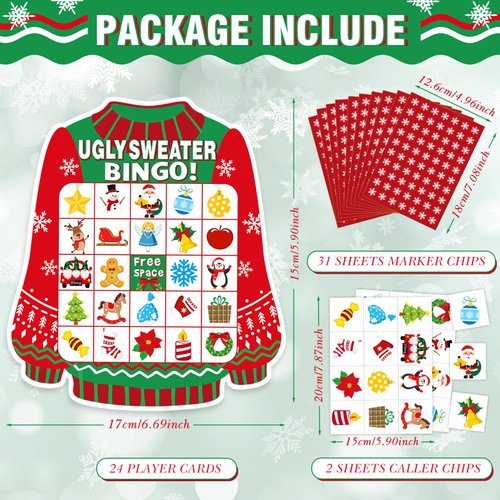 Funrous Christmas Bingo Game Ugly Sweater Merry Christmas Party Bingo Game Card Ugly Sweater Bingo Paper Card for Families Adults Family Activities Party Supplies, 24 Players