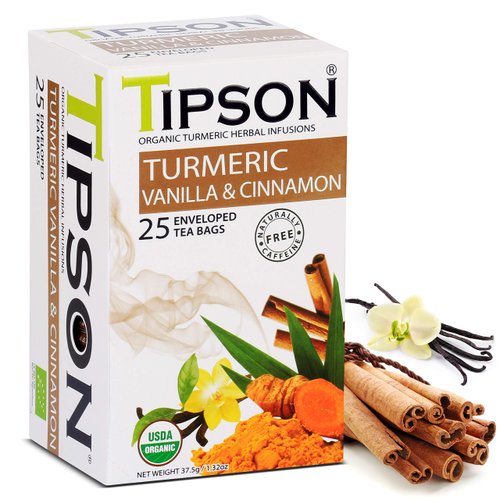 Tipson Organic Turmeric Herbal Infusions - Turmeric Vanilla & Cinnamon Flavor - Caffeine Free, Non GMO, Gluten Free - 25 Premium Tea Bags (Pack of 1)