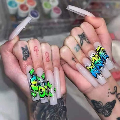 MISUD Coffin Press on Nails, Extra Long Fake Nails, Glossy Glue on Nasil, Ballerina False Nails, Cool Graffiti Acrylic Nails with Glue for Women and Girls 24 pcs