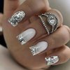 24 Pcs French Tip Press on Nails Medium Square False Nails Silver Glitter Full Cover Glue on Nails Bling Sequins Fake Nails Silver White Acrylic Coffin Nails Stick on Nails for Exquisite Women DIY