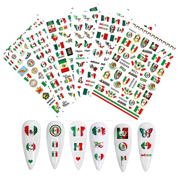 Mexican Flag Nail Art Stickers Patriotic Nail Decals 3D Self Adhesive Nail Art Supplies Mexico Flag Badge Heart Skull Butterfly Nail Design Stickers for Nail Art Decoration DIY Manicure Tips(6 Sheets)
