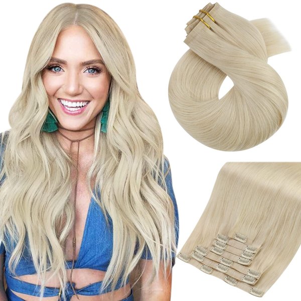 Moresoo Seamless Clip in Hair Extensions Human Hair Blonde Invisible Clip in Human Hair Extensions Seamless Platinum Blonde PU Seamless Extensions Clip in Human Hair Blonde #60 7pcs/120g 22inch