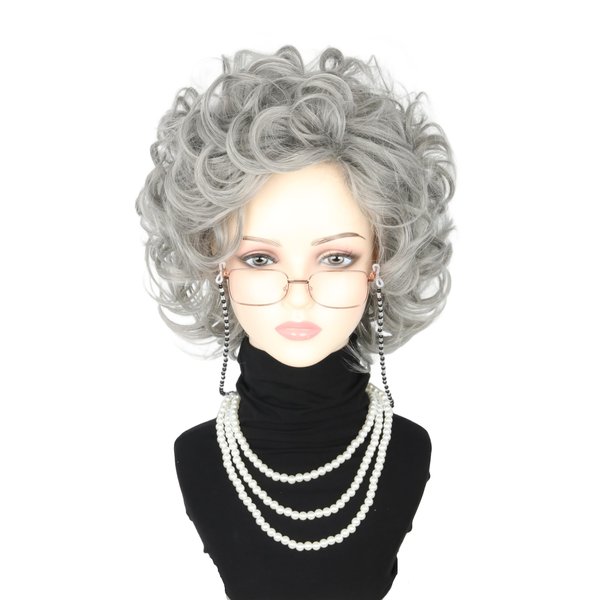 LeMarnia Old Lady Wigs and Accessories 5 Piece Set Short Curly Gray Granny Wig for Cosplay 100 Years Old Man Costume Wig Halloween Party Wig