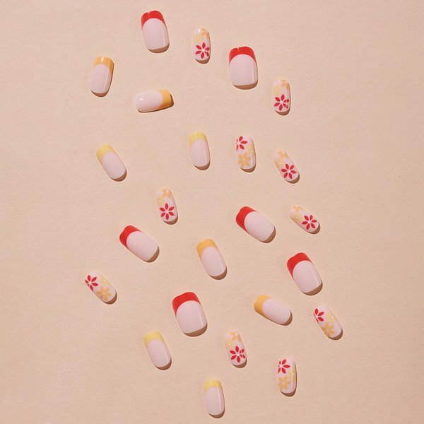 SINSEN Spring Press on Nails Flower Fake Nails, Short Square Glue on Acrylic Nails Glossy Yellow Red False Nails with Daisy Flowers Designs, Cute Stick on Nails for Women&Girls Nail Decorations 24PCS