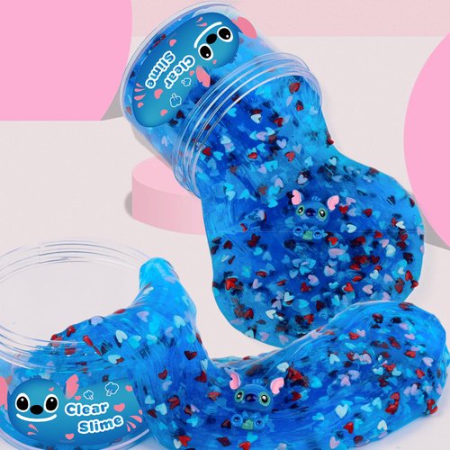 Blue Clear Slime Pink Heart Add Ins, Jelly Slime Scented Crystal Water Slime Stretchy Slime Soft Putty, Big Slime Stress Relief Toy for Girls Boys Kids Birthday Party Favors 7OZ 200ML