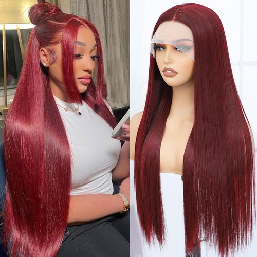 Amarlis Wine Red Lace Front Wigs for Women, Pre Plucked Ready to Wear HD Glueless 13x5x1 Lace Front Synthetic Wigs for Daily Use(Wine Red)