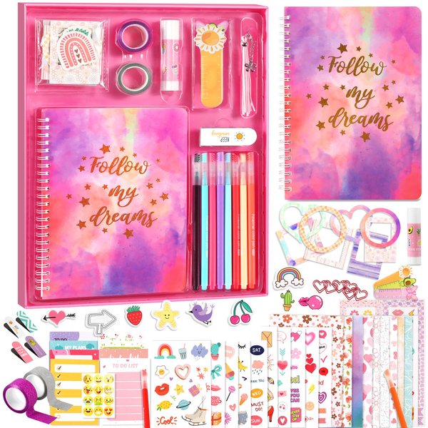 DIY Journal Kit for Girls, 7 8 9 10 Year Old Girl Birthday Gifts, Ideal Crafts Gifts for Tween and Teen Girls 7-14, 74PCS Journaling Art Kit Toy, Creativity Scrapbook Diary Supplies & Stationery Set