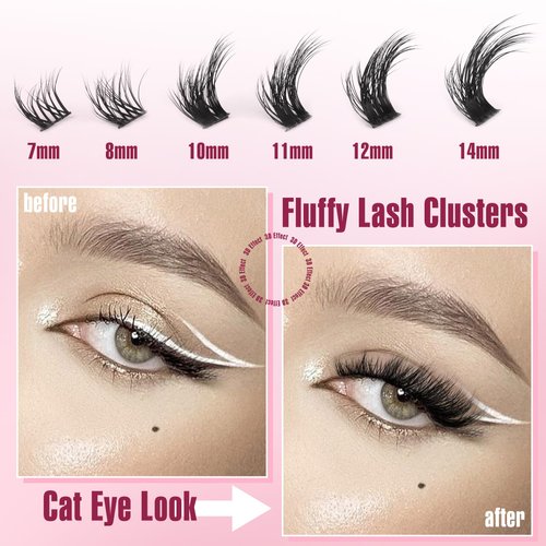 Zegaine Lash Clusters Kit Fluffy Eyelash Extension Cat Eye Lashes Natural Look Left & Right DIY Lash Extension Kit Wispy Fox Eye Eyelash Cluster Kit with Lash Glue, Tweezers, Brushes 132pcs 11 Pairs